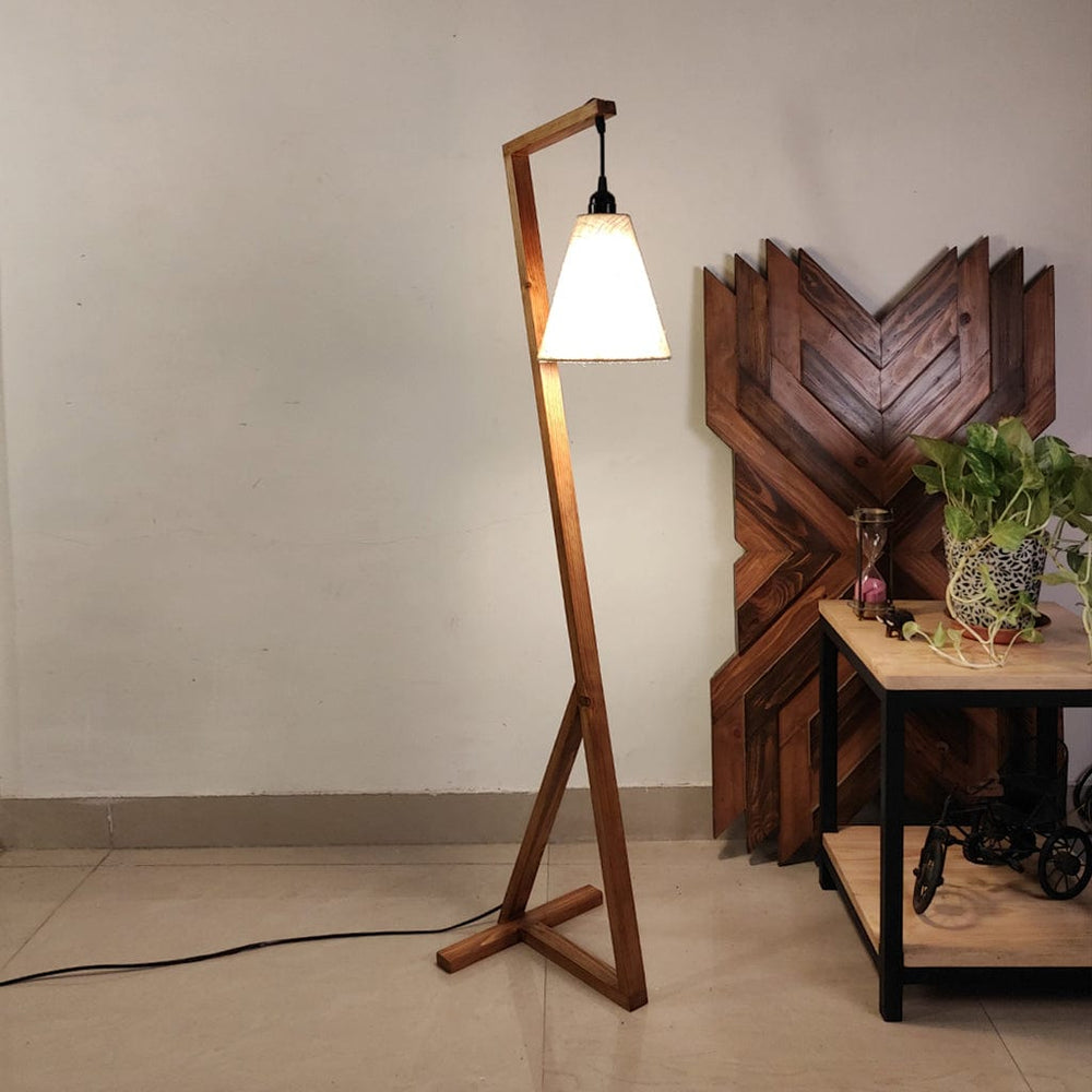 Triad Wooden Floor Lamp with Brown Base and Beige Fabric Lampshade