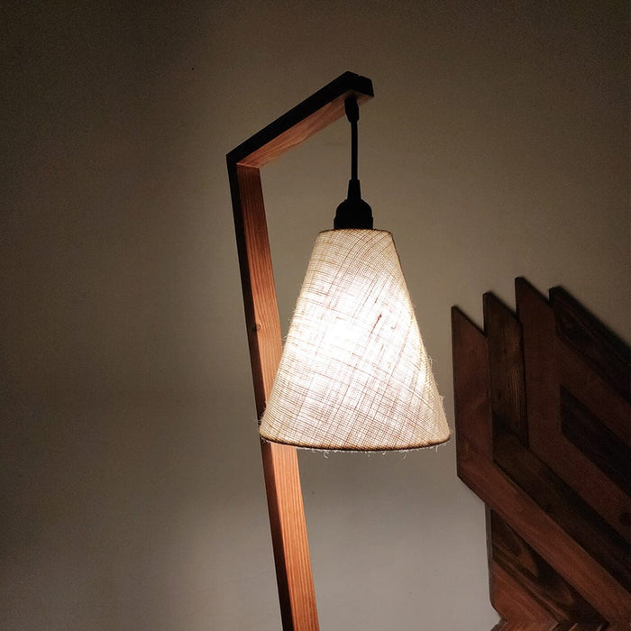 Triad Wooden Floor Lamp with Brown Base and Beige Fabric Lampshade