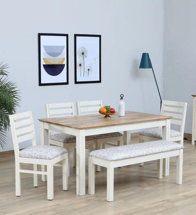Alabaster Solid Wood Six Seater Dining Set With Bench