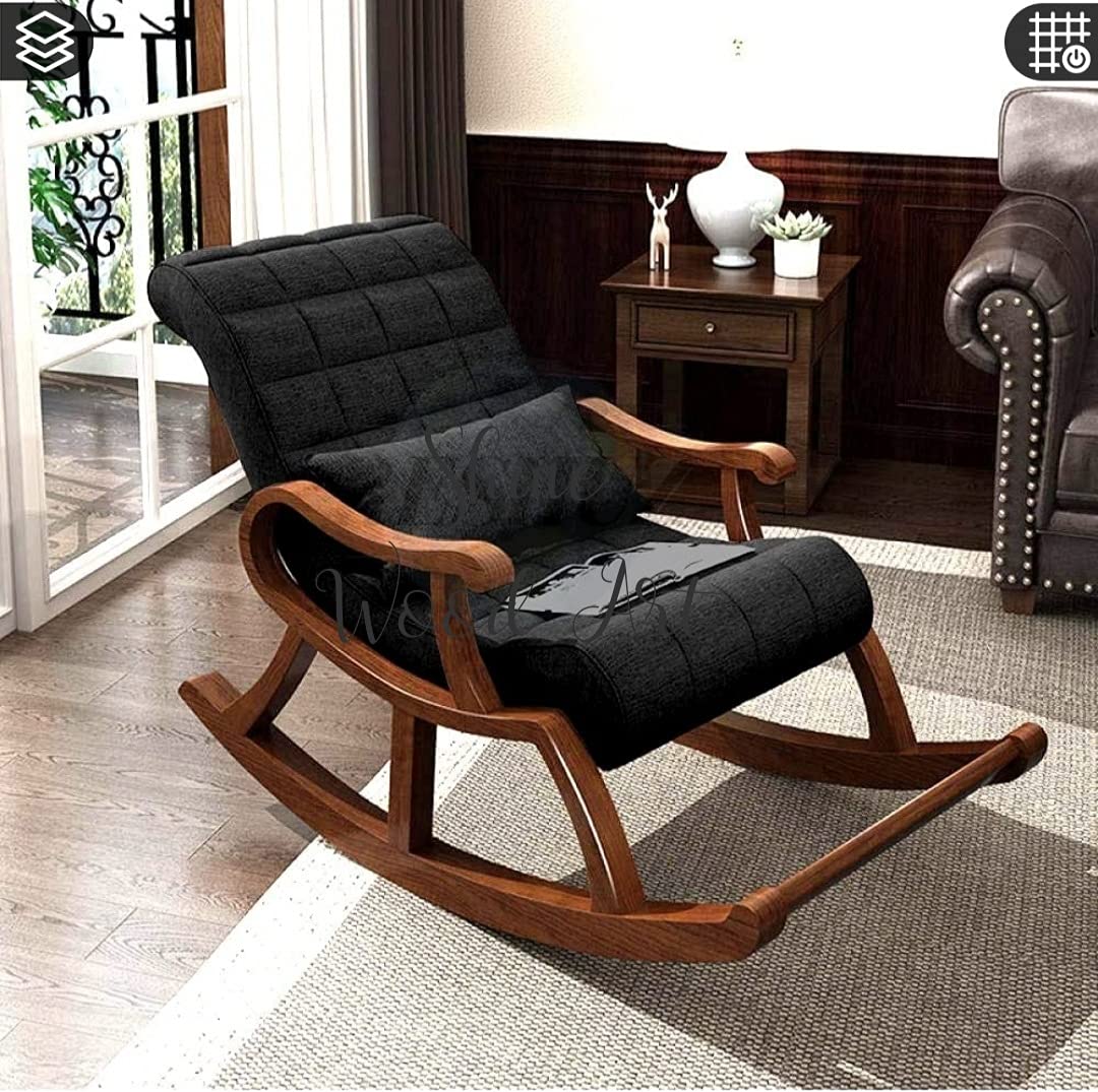 Handcrafted Teak Wood Modern Ergonomic Rocking Chair (Black)