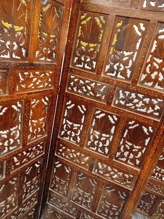 Wooden Divider Carved 4 Panel Wooden Partition Screen , Room Divider , Hand Polished Wooden Screen , Vintage Folding Screen , Hand Made.