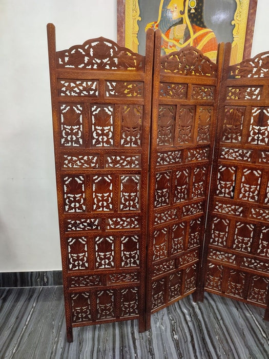 Wooden Divider Carved 4 Panel Wooden Partition Screen , Room Divider , Hand Polished Wooden Screen , Vintage Folding Screen , Hand Made.