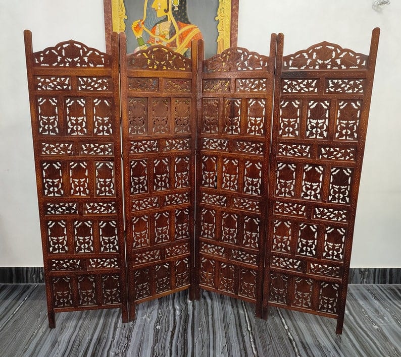 Wooden Divider Carved 4 Panel Wooden Partition Screen , Room Divider , Hand Polished Wooden Screen , Vintage Folding Screen , Hand Made.