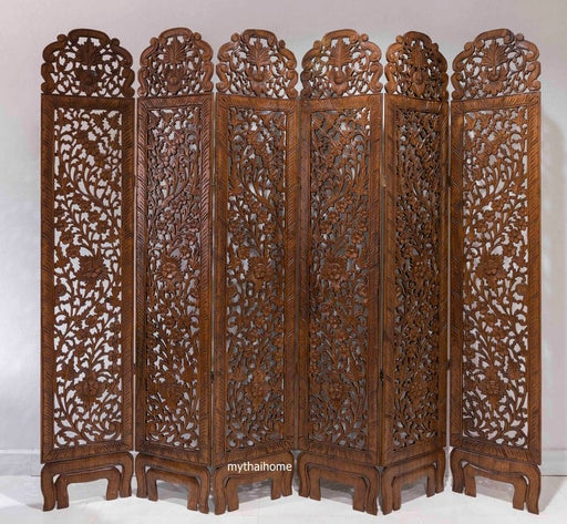 Room Divider Flower Folding Screen Panels Carved Teak Wood Asian Screen Large Wood Wall Art Thai Wood Carving Wooden Boho King Headboard