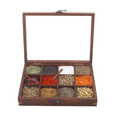 Sheesham Wooden Table Top Masala Box / Spice Box / Multipurpose Organizers 12 Compartment