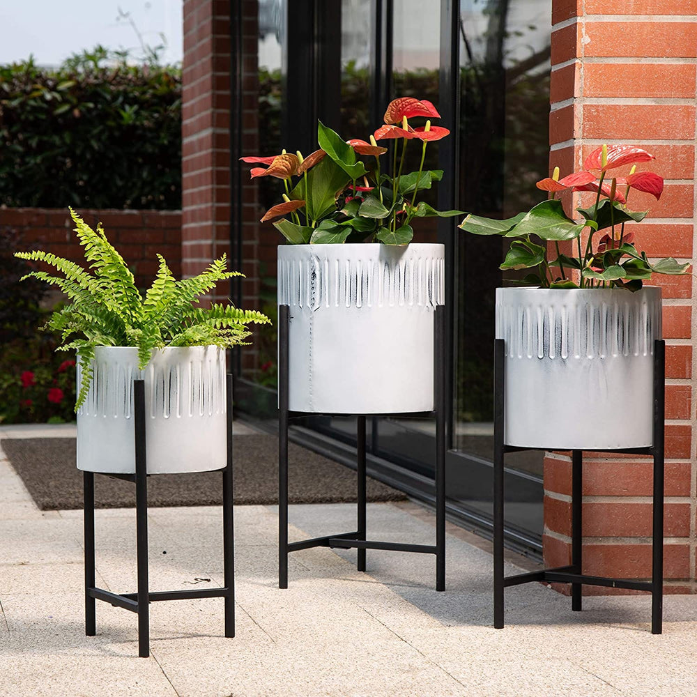 Set of 3 Modern Metal Planter Pots with Mid Century Planter Holders Perfect for Indoor and Outdoor Plants, Non-Adjustable Plant Stand