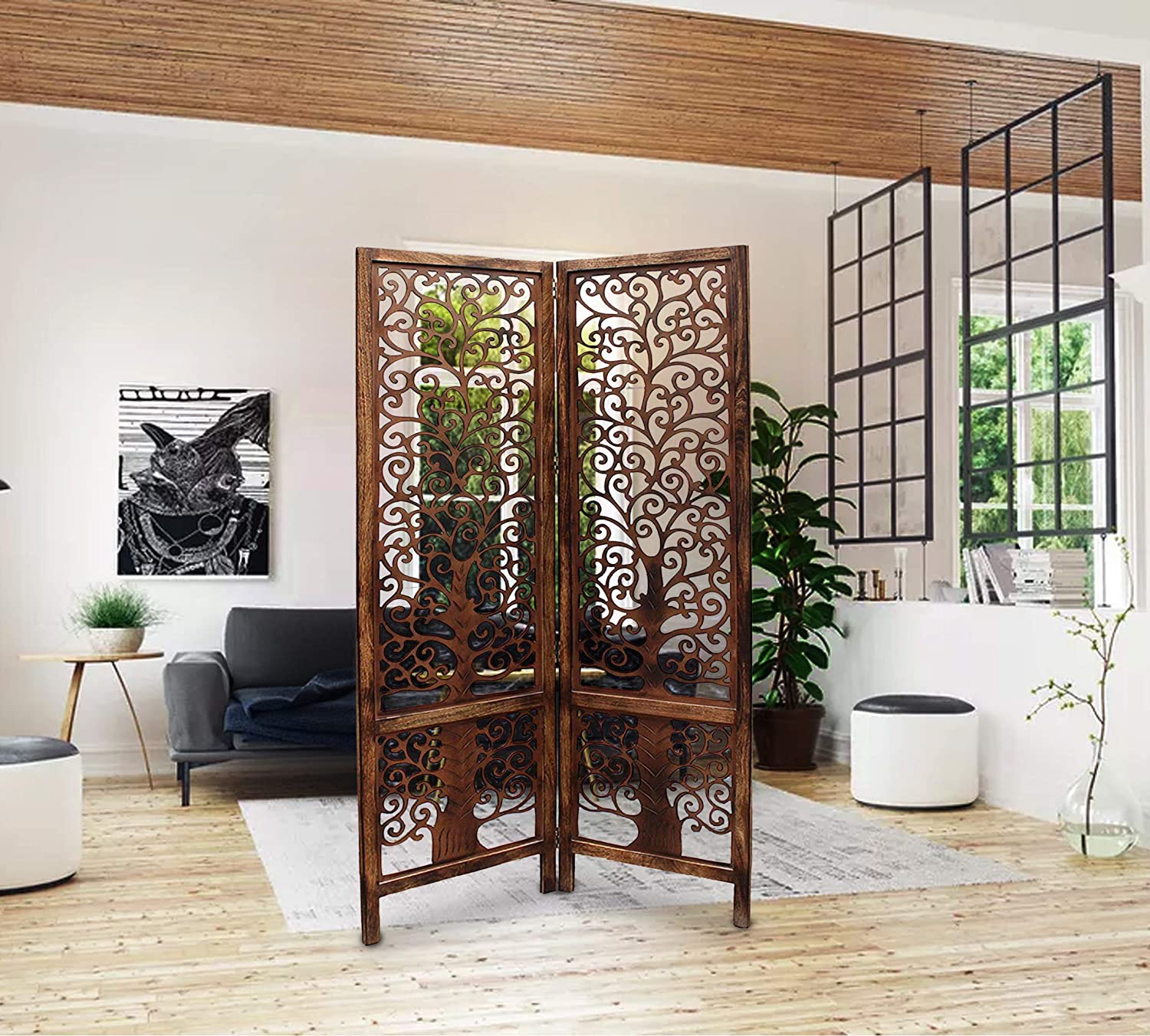 wooden  Handcrafted 2 Panel Brown Wooden Room Partition/Divider